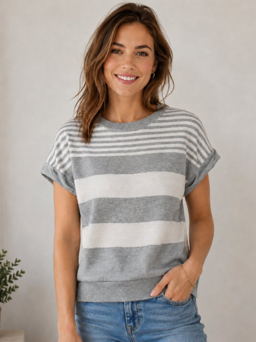 Gray and Beige Short Sleeve Sweatshirt
